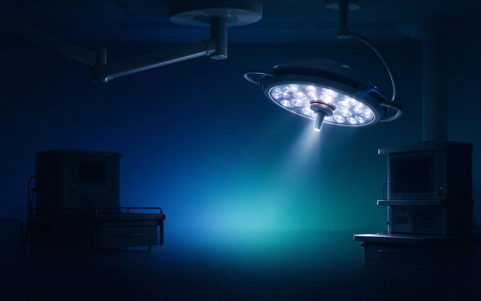Surgical lights and equipment in an operating room.